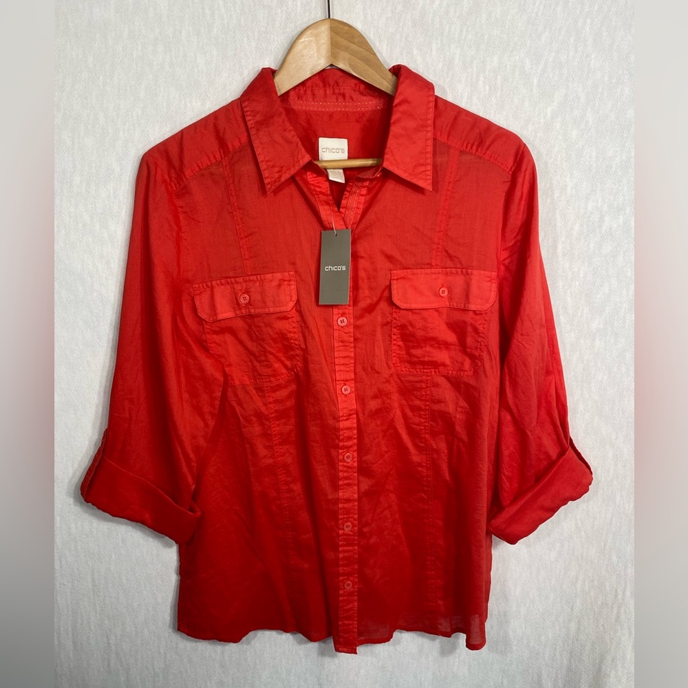 Chico’s Women’s Lightweight Button Shirt Roll Tab Sleeves Vibrant Coral Sz 2 NWT